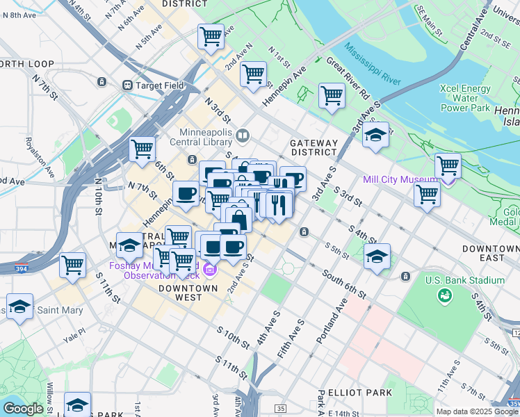 map of restaurants, bars, coffee shops, grocery stores, and more near 505 South Marquette Avenue in Minneapolis