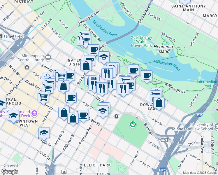 map of restaurants, bars, coffee shops, grocery stores, and more near 530 South 3rd Street in Minneapolis