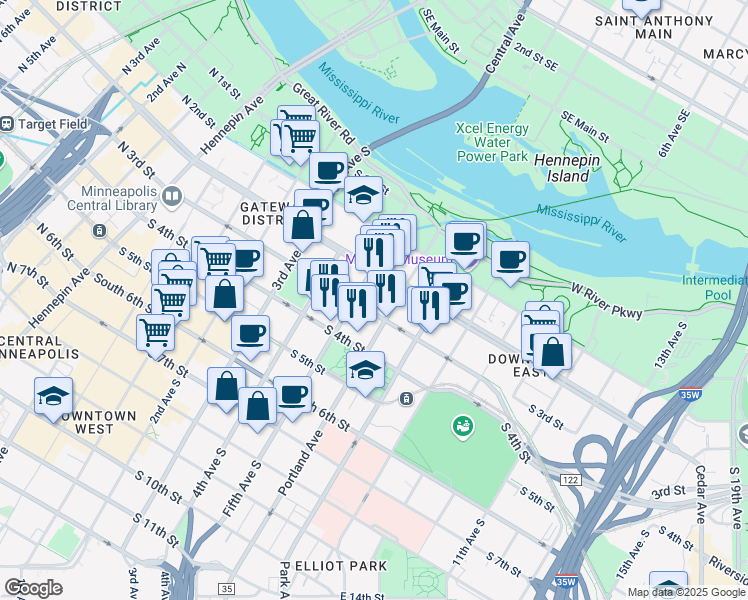 map of restaurants, bars, coffee shops, grocery stores, and more near 530 South 3rd Street in Minneapolis