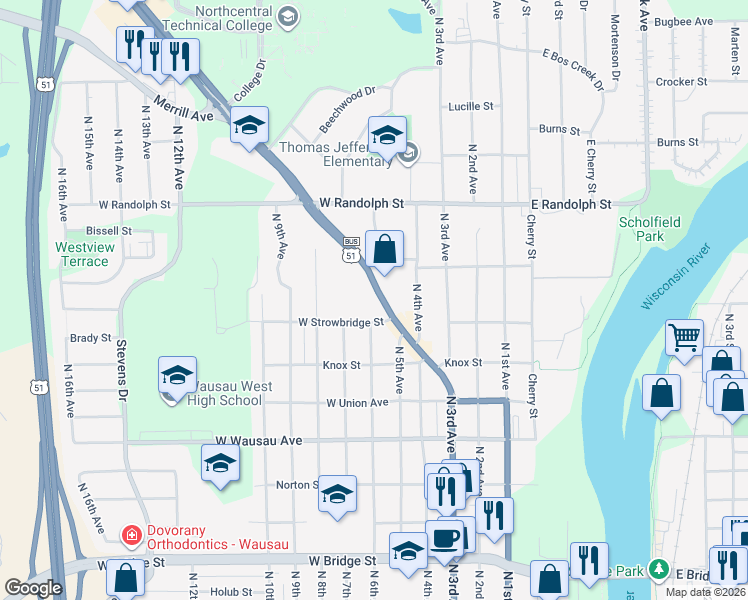 map of restaurants, bars, coffee shops, grocery stores, and more near 602 West Strowbridge Street in Wausau