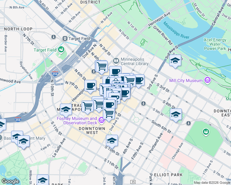 map of restaurants, bars, coffee shops, grocery stores, and more near 510 South Marquette Avenue in Minneapolis