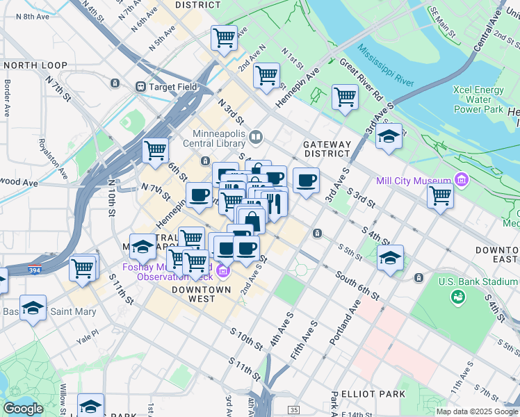 map of restaurants, bars, coffee shops, grocery stores, and more near 510 South Marquette Avenue in Minneapolis