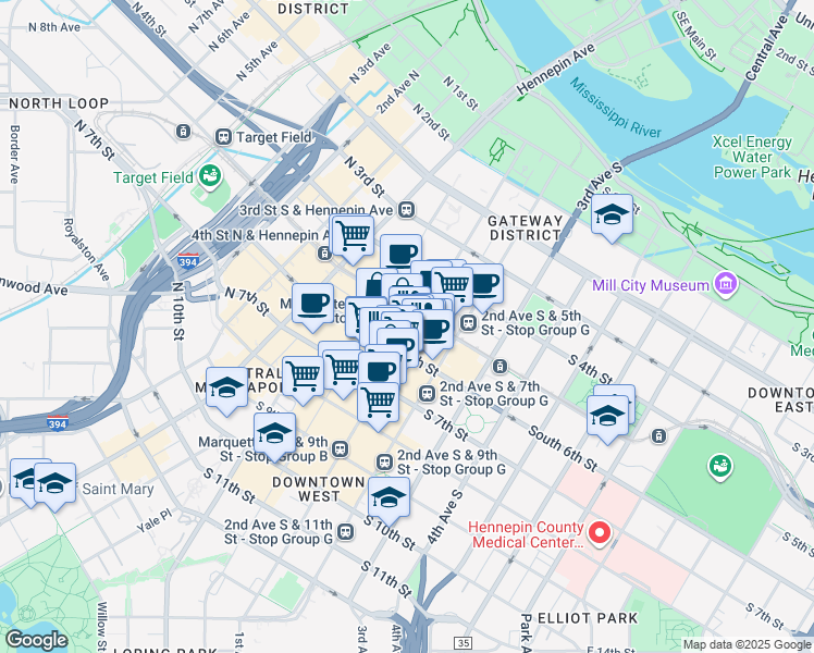 map of restaurants, bars, coffee shops, grocery stores, and more near 510 South Marquette Avenue in Minneapolis