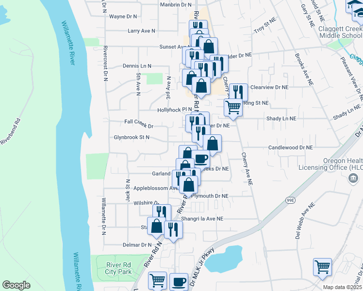 map of restaurants, bars, coffee shops, grocery stores, and more near 146 Glynbrook Street North in Keizer