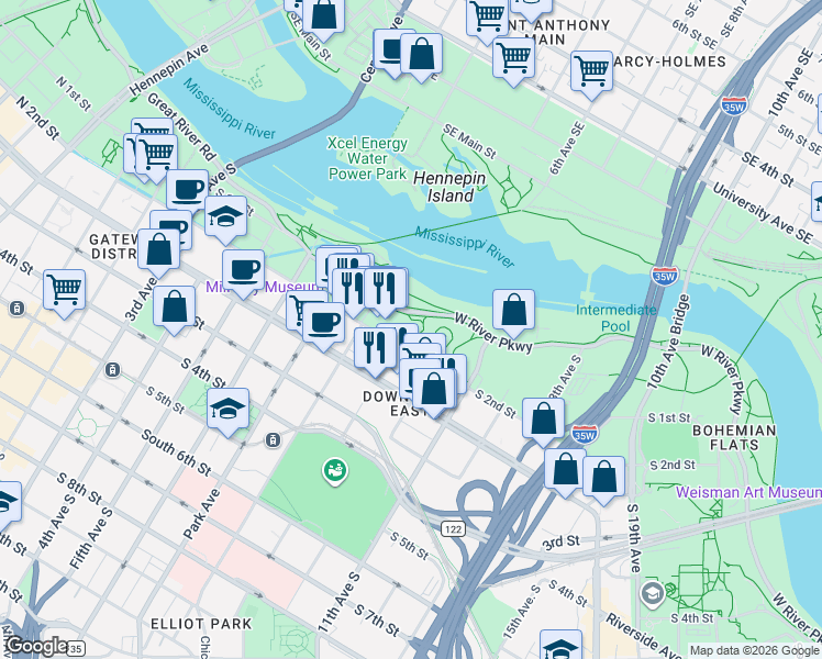 map of restaurants, bars, coffee shops, grocery stores, and more near 900 South 2nd Street in Minneapolis