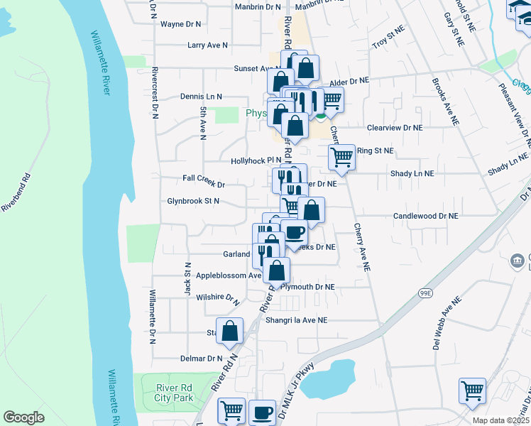 map of restaurants, bars, coffee shops, grocery stores, and more near 146 Glynbrook Street North in Keizer