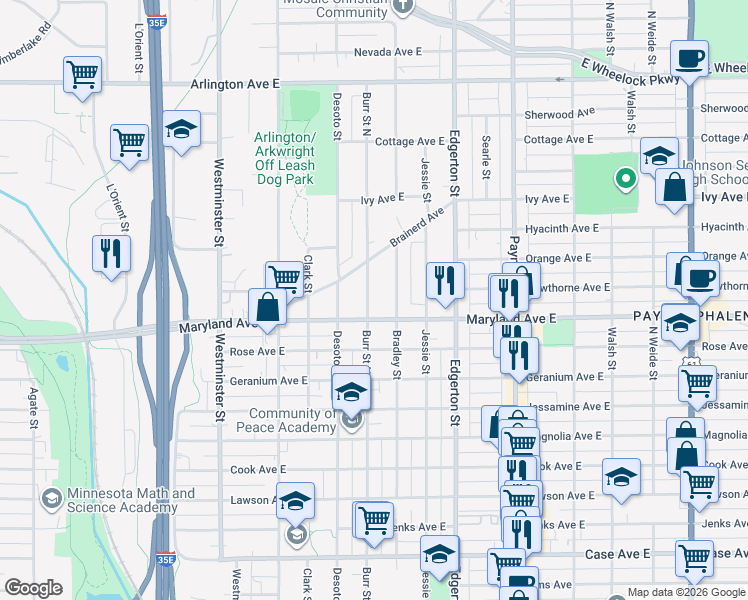 map of restaurants, bars, coffee shops, grocery stores, and more near 495 Maryland Avenue East in Saint Paul