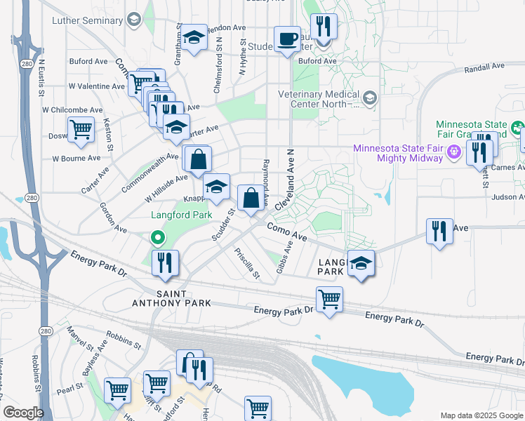 map of restaurants, bars, coffee shops, grocery stores, and more near in Saint Paul