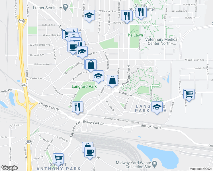 map of restaurants, bars, coffee shops, grocery stores, and more near 2117 Gordon Avenue in Saint Paul