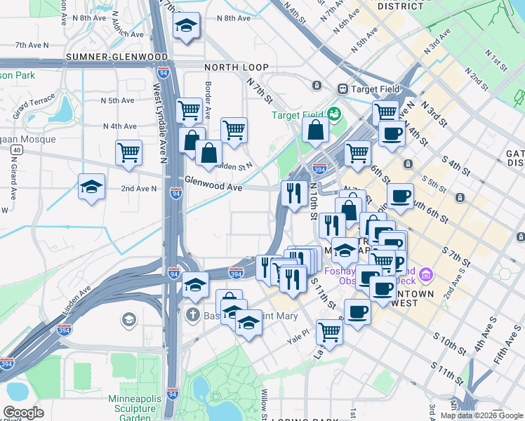 map of restaurants, bars, coffee shops, grocery stores, and more near 1201 Currie Avenue in Minneapolis