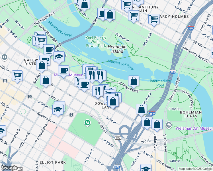 map of restaurants, bars, coffee shops, grocery stores, and more near 900 South 2nd Street in Minneapolis