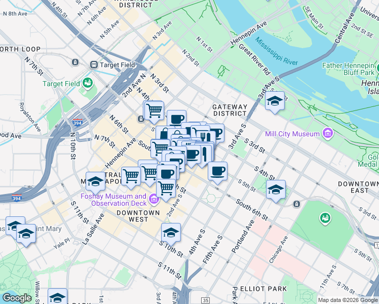 map of restaurants, bars, coffee shops, grocery stores, and more near 505 South Marquette Avenue in Minneapolis