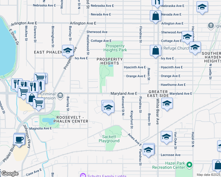map of restaurants, bars, coffee shops, grocery stores, and more near 1619 Maryland Avenue East in Saint Paul