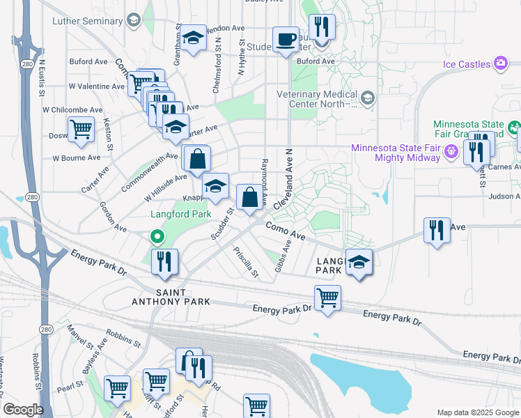 map of restaurants, bars, coffee shops, grocery stores, and more near in Saint Paul