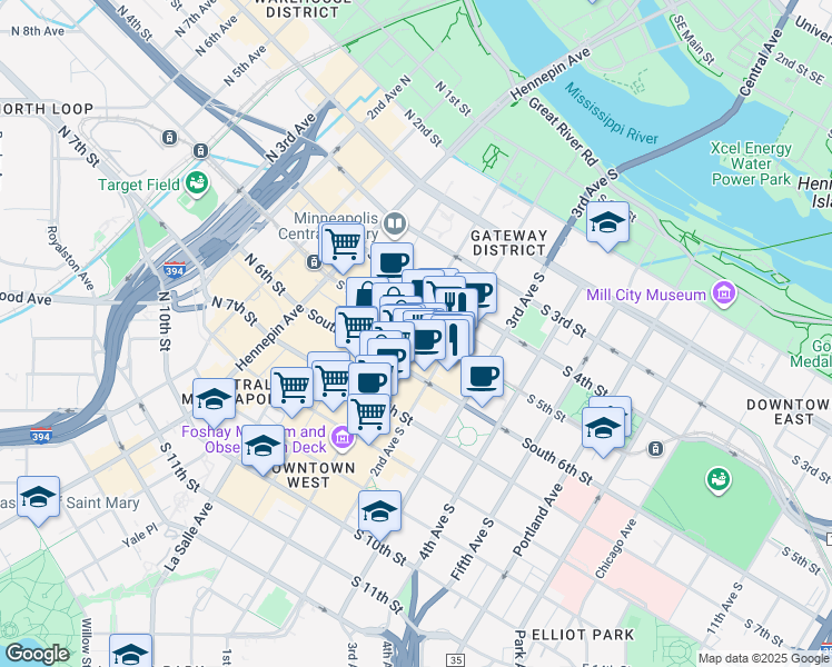 map of restaurants, bars, coffee shops, grocery stores, and more near 101 South 5th Street in Minneapolis