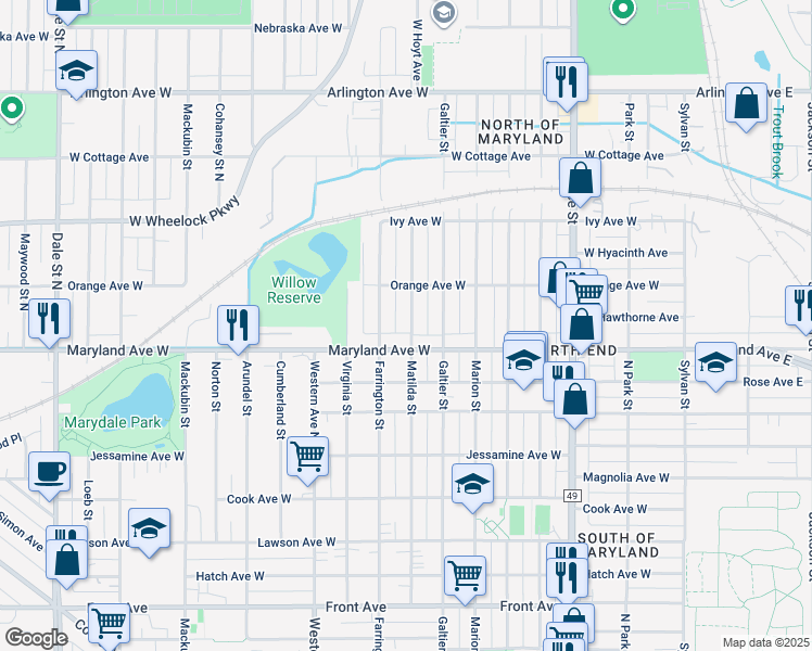 map of restaurants, bars, coffee shops, grocery stores, and more near 1221 Matilda Street in Saint Paul