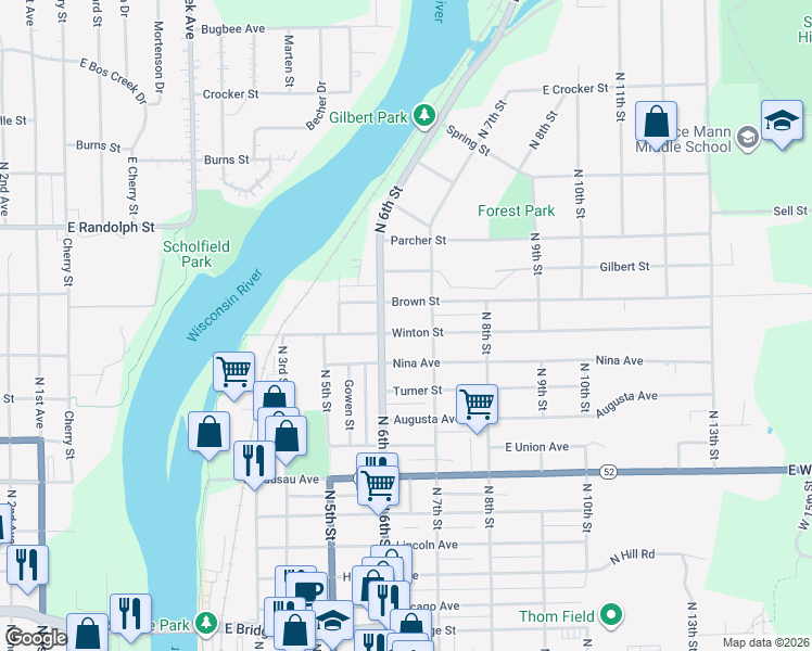 map of restaurants, bars, coffee shops, grocery stores, and more near 621 Winton Street in Wausau