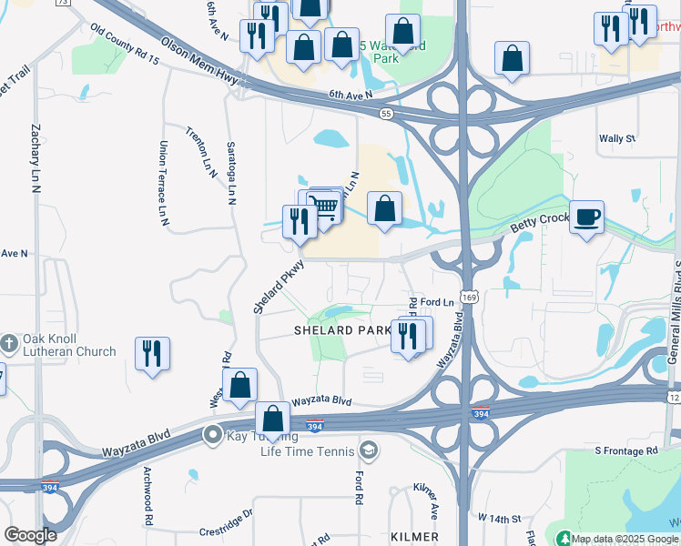 map of restaurants, bars, coffee shops, grocery stores, and more near 275 Shelard Parkway in St. Louis Park
