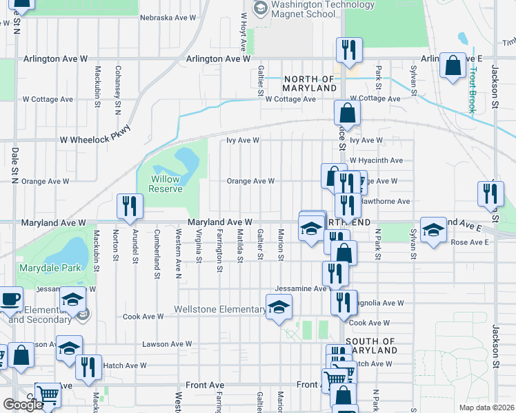 map of restaurants, bars, coffee shops, grocery stores, and more near 1221 Galtier Street in Saint Paul