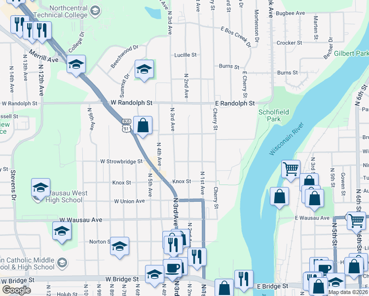 map of restaurants, bars, coffee shops, grocery stores, and more near 206 West Strowbridge Street in Wausau