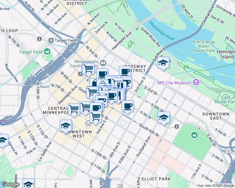 map of restaurants, bars, coffee shops, grocery stores, and more near 150 South 5th Street in Minneapolis