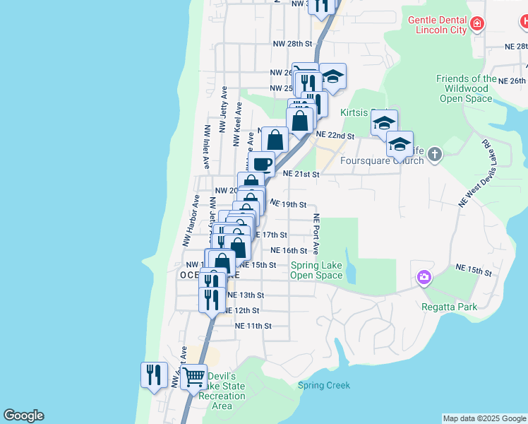 map of restaurants, bars, coffee shops, grocery stores, and more near 1710 Northeast Highway 101 in Lincoln City