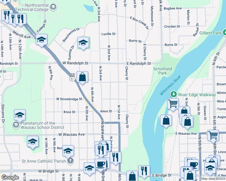 map of restaurants, bars, coffee shops, grocery stores, and more near 206 West Strowbridge Street in Wausau