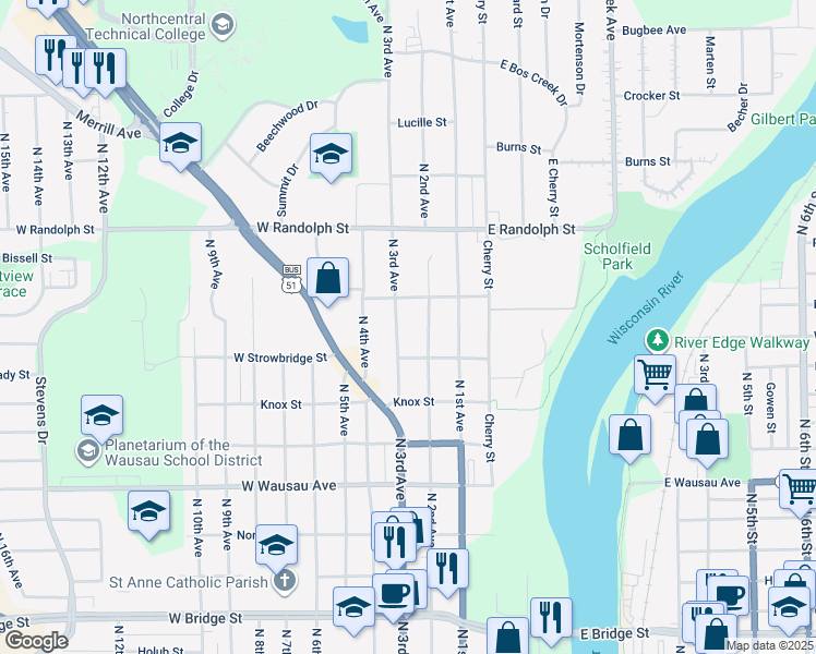 map of restaurants, bars, coffee shops, grocery stores, and more near 206 West Strowbridge Street in Wausau