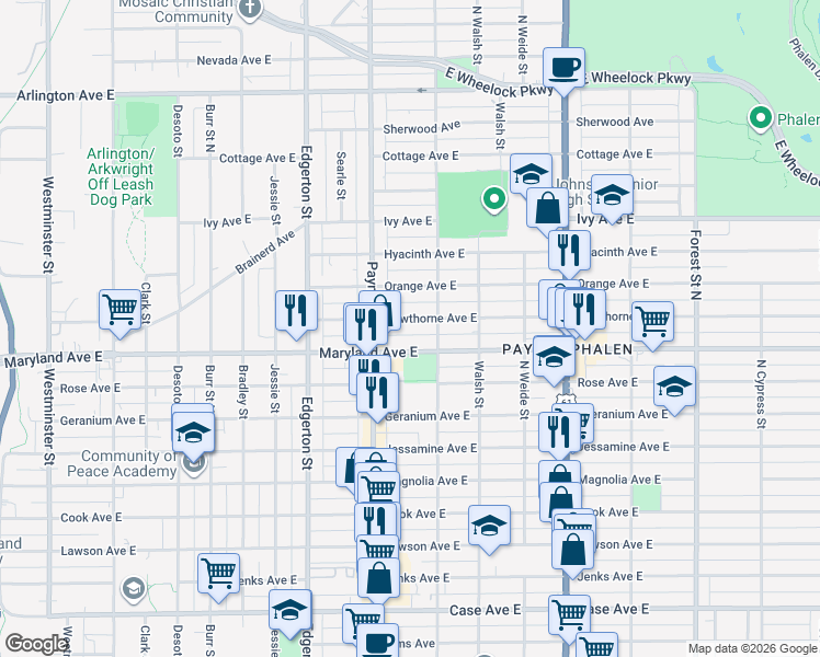 map of restaurants, bars, coffee shops, grocery stores, and more near 675 Maryland Avenue East in Saint Paul