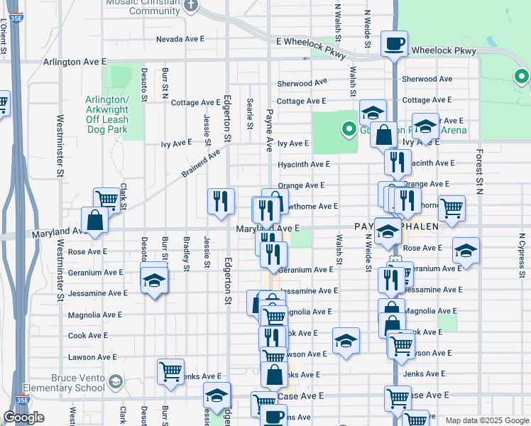 map of restaurants, bars, coffee shops, grocery stores, and more near 1202 Payne Avenue in Saint Paul