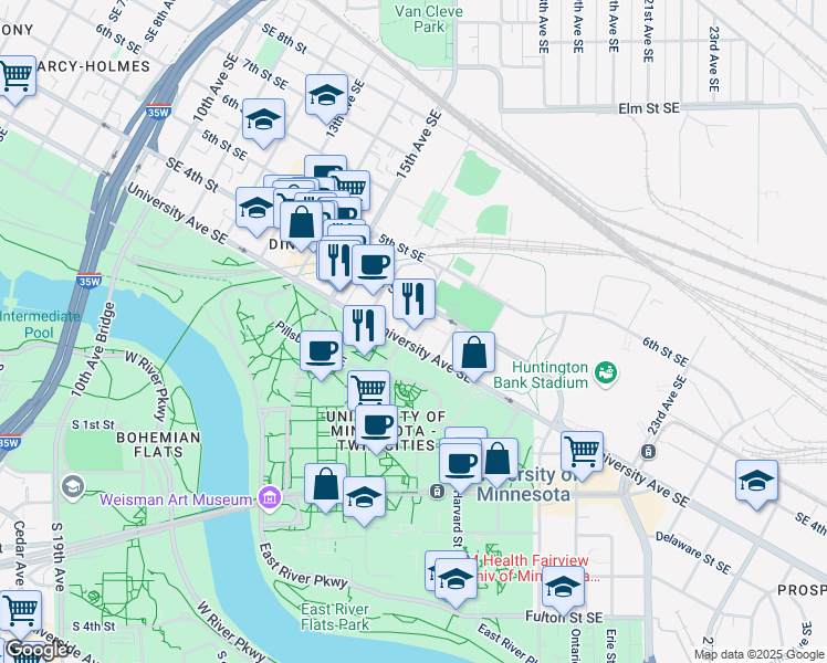 map of restaurants, bars, coffee shops, grocery stores, and more near 15 Church Street Southeast in Minneapolis