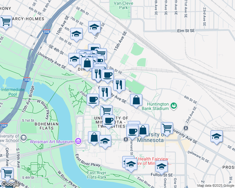 map of restaurants, bars, coffee shops, grocery stores, and more near 15 Church Street Southeast in Minneapolis