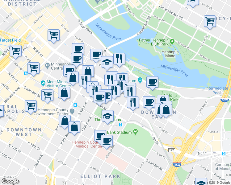 map of restaurants, bars, coffee shops, grocery stores, and more near 530 South 3rd Street in Minneapolis