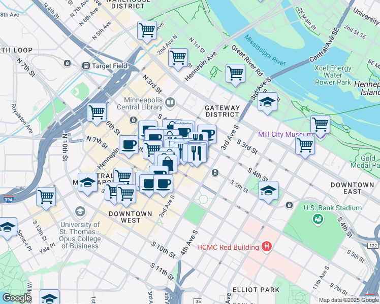 map of restaurants, bars, coffee shops, grocery stores, and more near 505 South Marquette Avenue in Minneapolis