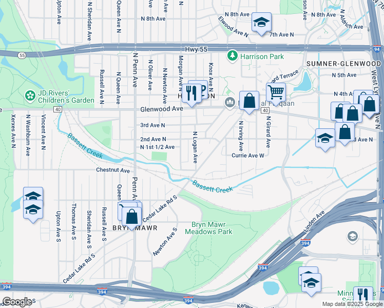 map of restaurants, bars, coffee shops, grocery stores, and more near 113 Cedar Lake Road North in Minneapolis