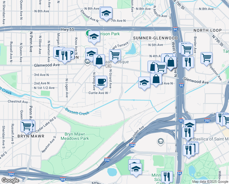 map of restaurants, bars, coffee shops, grocery stores, and more near 113 Girard Ave N in Minneapolis