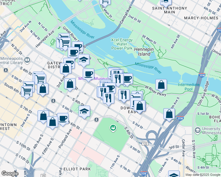 map of restaurants, bars, coffee shops, grocery stores, and more near 720 South Washington Avenue in Minneapolis