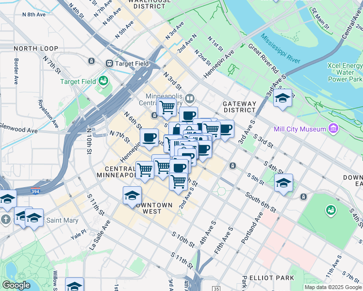map of restaurants, bars, coffee shops, grocery stores, and more near 100 South 6th Street in Minneapolis