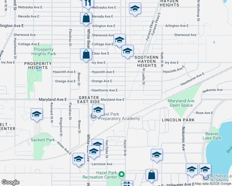 map of restaurants, bars, coffee shops, grocery stores, and more near 1880 Maryland Avenue East in Saint Paul