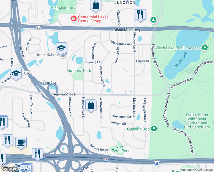 map of restaurants, bars, coffee shops, grocery stores, and more near 6 Westwood Drive North in Minneapolis