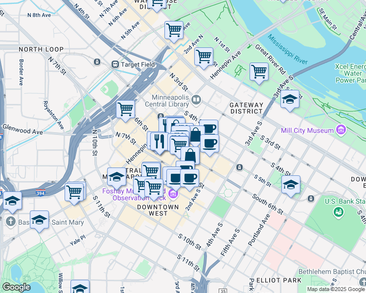 map of restaurants, bars, coffee shops, grocery stores, and more near 520 Nicollet Mall in Minneapolis
