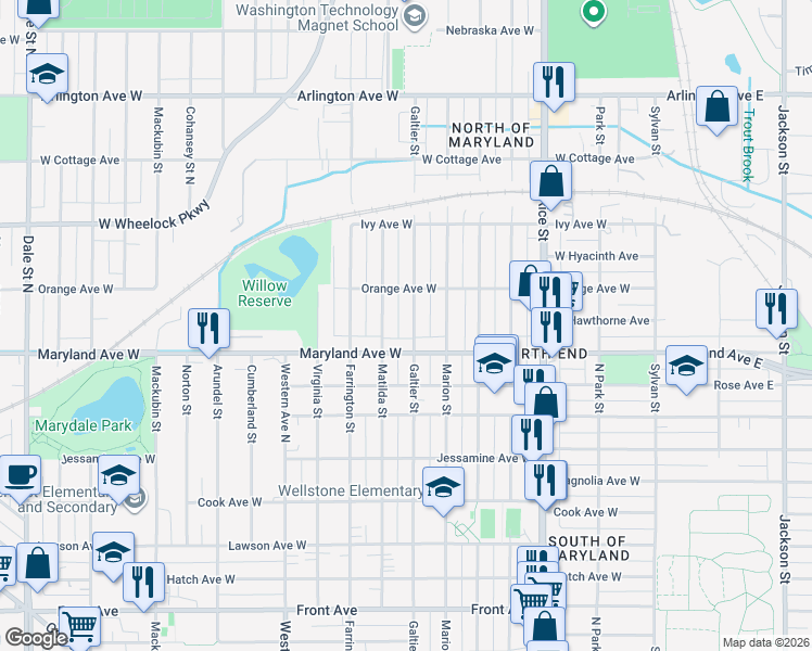 map of restaurants, bars, coffee shops, grocery stores, and more near 1227 Galtier St in St Paul