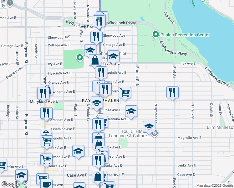 map of restaurants, bars, coffee shops, grocery stores, and more near in Saint Paul