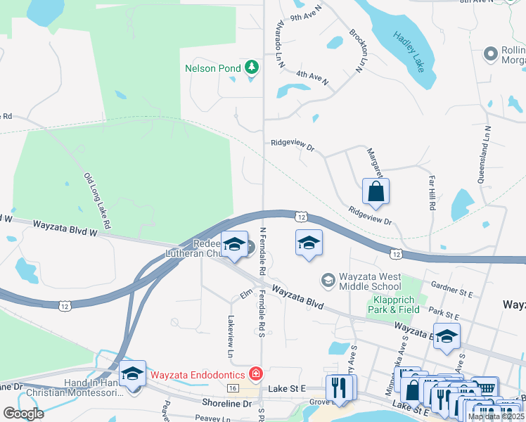 map of restaurants, bars, coffee shops, grocery stores, and more near 565 Ferndale Road North in Wayzata