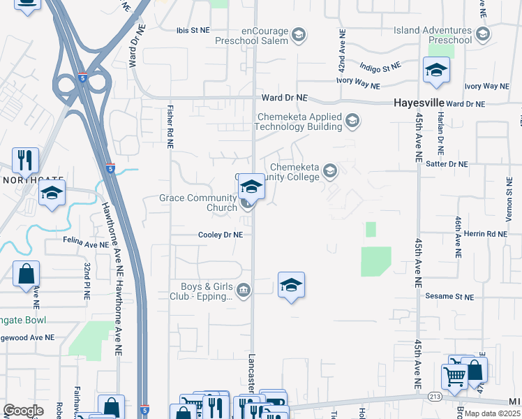 map of restaurants, bars, coffee shops, grocery stores, and more near 3965-3985 Cooley Drive Northeast in Salem