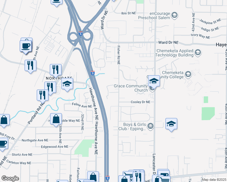 map of restaurants, bars, coffee shops, grocery stores, and more near 4035 Fisher Road Northeast in Salem