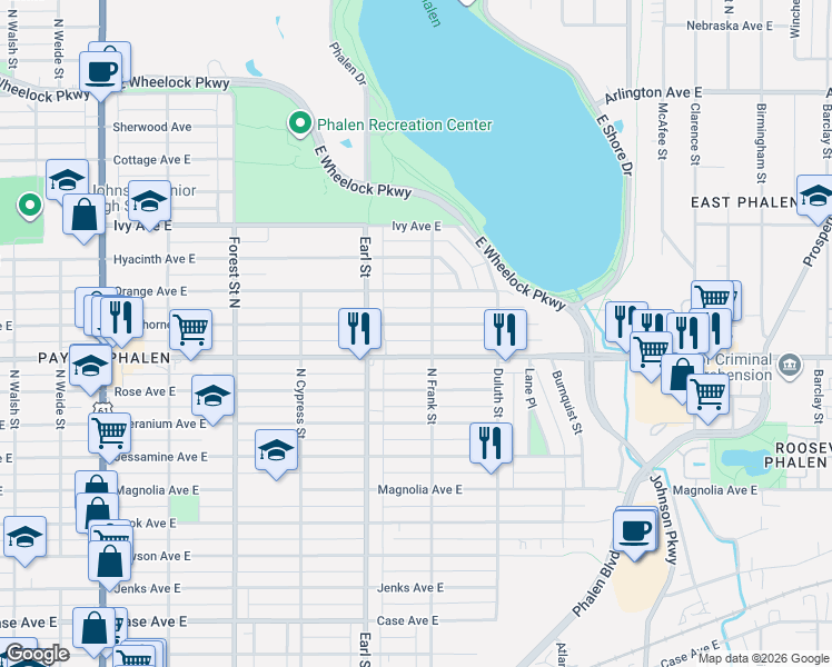 map of restaurants, bars, coffee shops, grocery stores, and more near 1104 Maryland Avenue East in Saint Paul