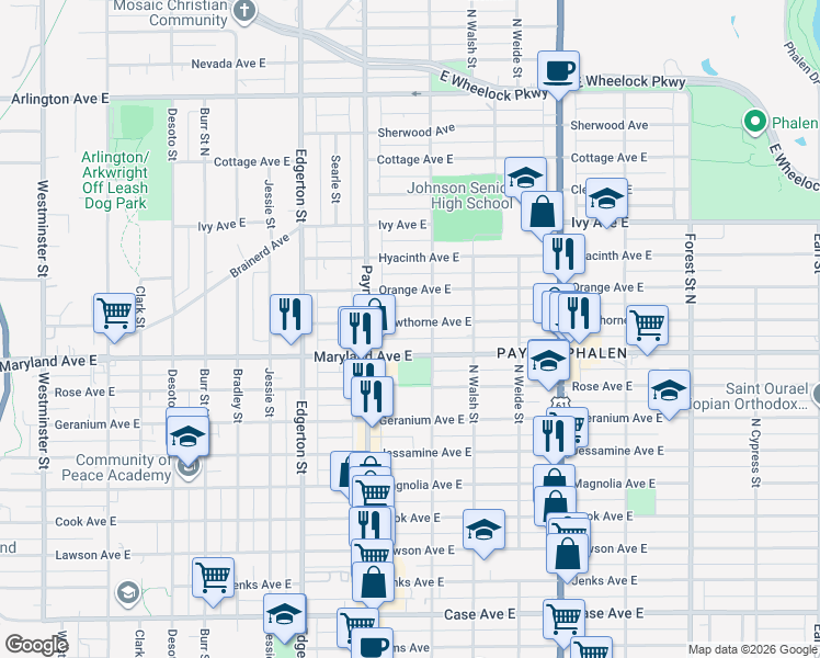 map of restaurants, bars, coffee shops, grocery stores, and more near 675 Maryland Avenue East in Saint Paul