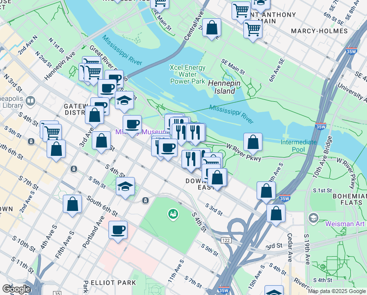 map of restaurants, bars, coffee shops, grocery stores, and more near 201 Chicago Avenue in Minneapolis