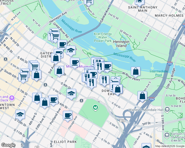 map of restaurants, bars, coffee shops, grocery stores, and more near 720 South Washington Avenue in Minneapolis